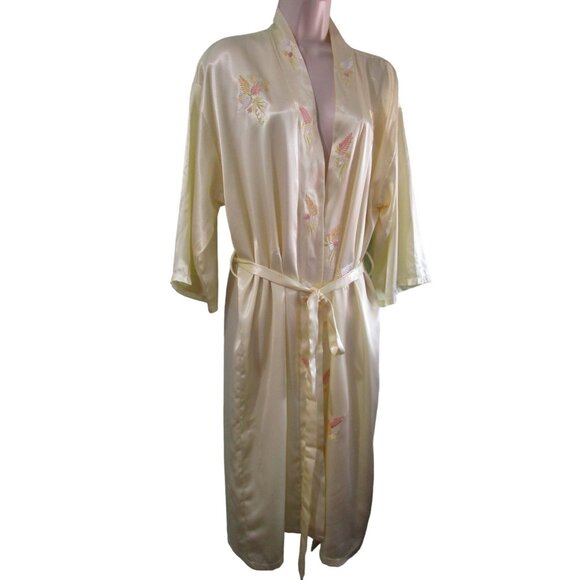 Vintage Embroidered Satin Kimono Robe With Floral Patterns & Belt - Picture 1 of 16